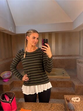 Striped Layered Hem Long-Sleeve Top - Olive/Black